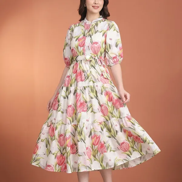 White_Pink_Poly_Rayon_Floral_Tiered_Western_Kurti_For_Women