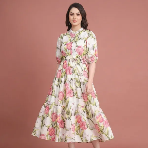 White_Pink_Poly_Rayon_Floral_Tiered_Western_Kurti_For_Women