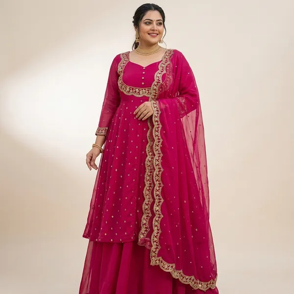 Rani_Pink_Vichitra_Silk_Cape_Style_Embroidered_Gown_For_Women