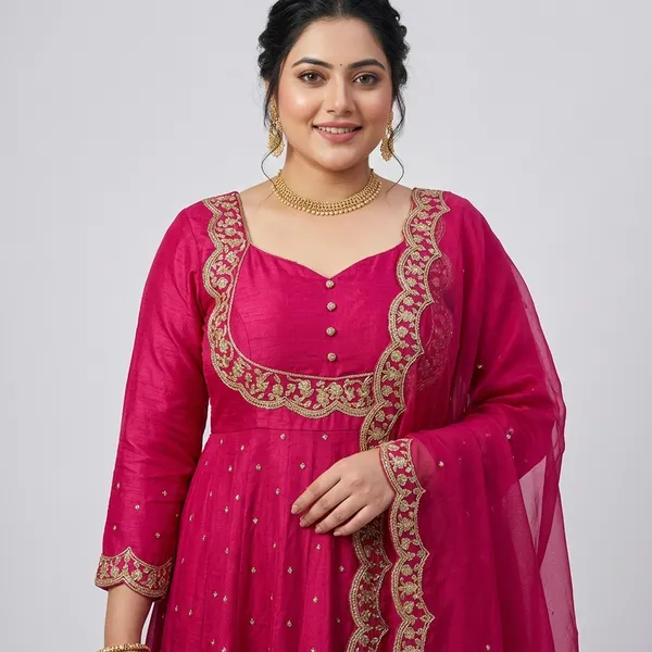 Rani_Pink_Vichitra_Silk_Cape_Style_Embroidered_Gown_For_Women