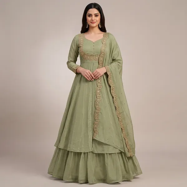 Olive_Green_Vichitra_Silk_Embroidered_Tiered_Gown_For_Women