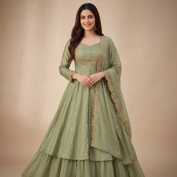 Olive_Green_Vichitra_Silk_Embroidered_Tiered_Gown_For_Women