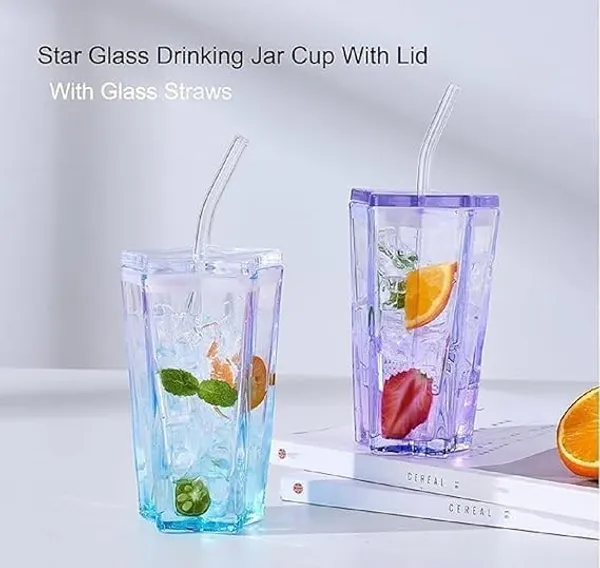 Five_Pointed_Shape_Mug_With_Lid_And_Straw_400ml_Glass_Sipper_Cup_For_Students_Household_Use_Sky_Blue_Multi_Color_Options_Pack_Of_2