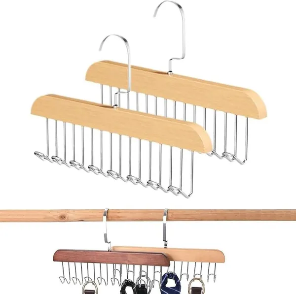 Wooden_Tie_And_Belt_Hanger_With_10_Metal_Hooks_28x19_Cm_Pack_Of_2
