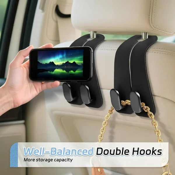 Car_Seat_Headrest_Hook_Double_Hooks_With_Phone_Holder_Heavy_Duty_Black_Pack_Of_2