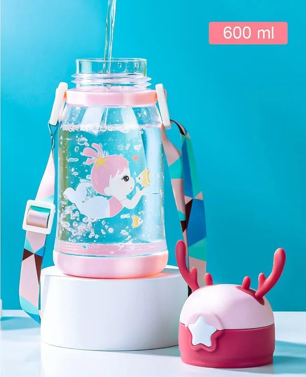Cartoon_Water_Bottle_With_Straw_Bpa_Free_Leak_Proof_Non_Toxic_Plastic_Water_Bottle_For_Kids_With_Strap_Deer_Horn_Sipper_Bottle_For_School_And_Home_Cartoon_Bottle_Multicolor