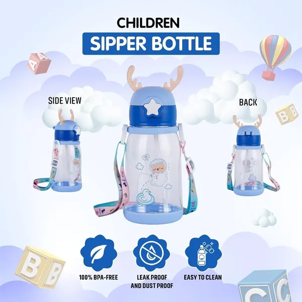 Cartoon_Water_Bottle_With_Straw_Bpa_Free_Leak_Proof_Non_Toxic_Plastic_Water_Bottle_For_Kids_With_Strap_Deer_Horn_Sipper_Bottle_For_School_And_Home_Cartoon_Bottle_Multicolor