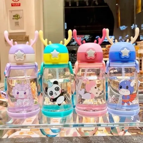 Cartoon_Water_Bottle_With_Straw_Bpa_Free_Leak_Proof_Non_Toxic_Plastic_Water_Bottle_For_Kids_With_Strap_Deer_Horn_Sipper_Bottle_For_School_And_Home_Cartoon_Bottle_Multicolor