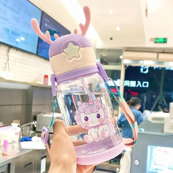 Cartoon_Water_Bottle_With_Straw_Bpa_Free_Leak_Proof_Non_Toxic_Plastic_Water_Bottle_For_Kids_With_Strap_Deer_Horn_Sipper_Bottle_For_School_And_Home_Cartoon_Bottle_Multicolor