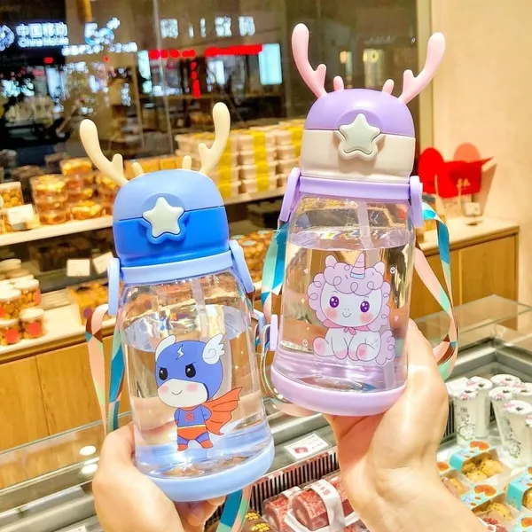 Cartoon_Water_Bottle_With_Straw_Bpa_Free_Leak_Proof_Non_Toxic_Plastic_Water_Bottle_For_Kids_With_Strap_Deer_Horn_Sipper_Bottle_For_School_And_Home_Cartoon_Bottle_Multicolor