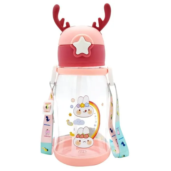 Cartoon_Water_Bottle_With_Straw_Bpa_Free_Leak_Proof_Non_Toxic_Plastic_Water_Bottle_For_Kids_With_Strap_Deer_Horn_Sipper_Bottle_For_School_And_Home_Cartoon_Bottle_Multicolor