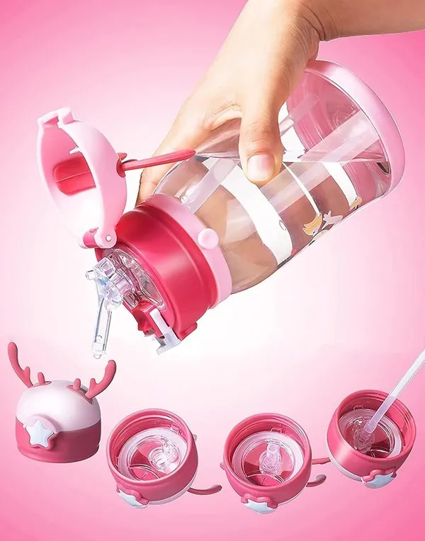 Cartoon_Water_Bottle_With_Straw_Bpa_Free_Leak_Proof_Non_Toxic_Plastic_Water_Bottle_For_Kids_With_Strap_Deer_Horn_Sipper_Bottle_For_School_And_Home_Cartoon_Bottle_Multicolor