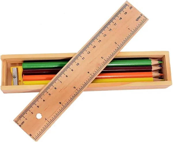 WOODEN_PENCIL_SET_/BOX_WITH_12_DIFFERENT_CRAYON_COLOUR_PENCILS/SCALE_(RULER)_AND_WOODEN_SHARPENER_PENCIL_BOX_FOR_ARCHITECT