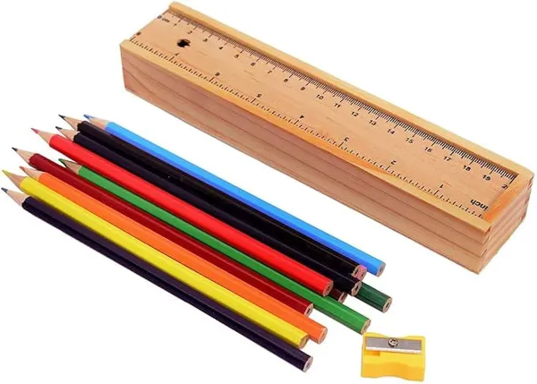 WOODEN_PENCIL_SET_/BOX_WITH_12_DIFFERENT_CRAYON_COLOUR_PENCILS/SCALE_(RULER)_AND_WOODEN_SHARPENER_PENCIL_BOX_FOR_ARCHITECT