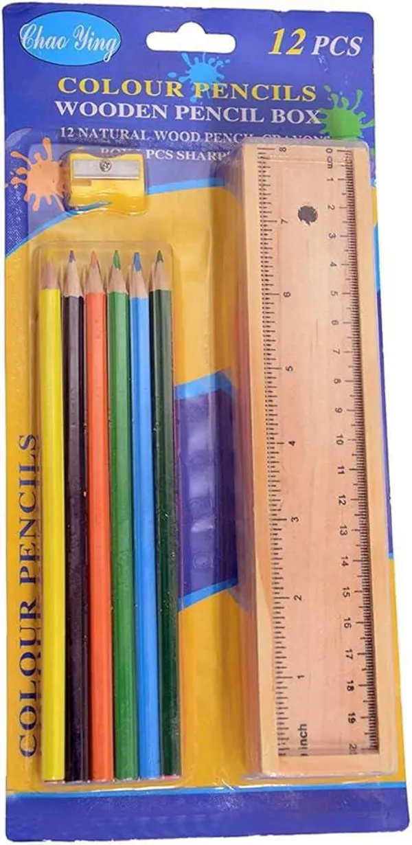 WOODEN_PENCIL_SET_/BOX_WITH_12_DIFFERENT_CRAYON_COLOUR_PENCILS/SCALE_(RULER)_AND_WOODEN_SHARPENER_PENCIL_BOX_FOR_ARCHITECT