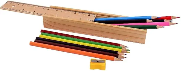 WOODEN_PENCIL_SET_/BOX_WITH_12_DIFFERENT_CRAYON_COLOUR_PENCILS/SCALE_(RULER)_AND_WOODEN_SHARPENER_PENCIL_BOX_FOR_ARCHITECT