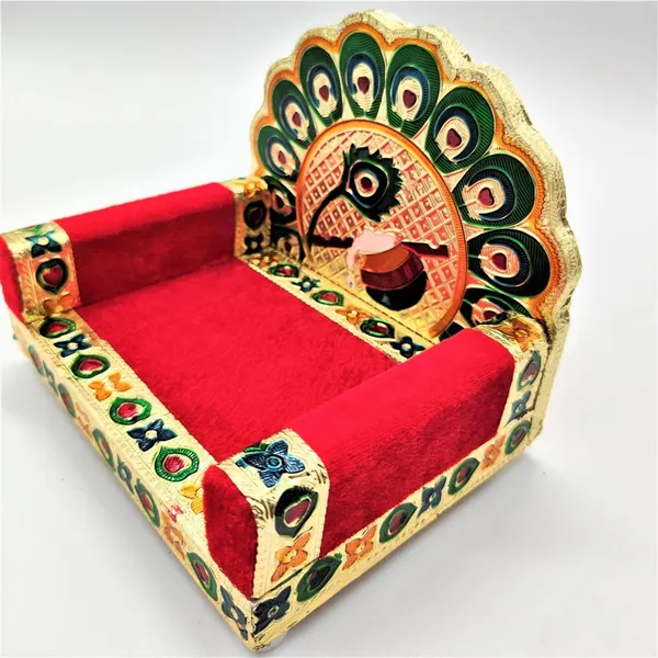 Beautifully_handcrafted_wooden_Meenakari_Singhasan_designed_specifically_for_Laddu_Gopal_deity.Made_from_high-quality_wood_with_intricate_Meenakari_artwork_in_golden_color,_adding_elegance_to_your_Pooja_Mandir.
