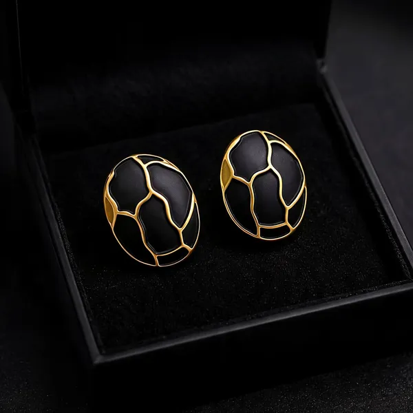 Black_Enamel_Gold_Plated_Oval_Stud_Earrings_For_Women