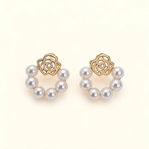 White_Pearl_Gold_Rose_Circular_Drop_Earrings_For_Women