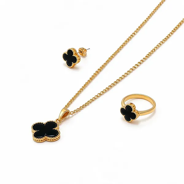 Black_Enamel_Gold_Plated_Clover_Jewellery_Set_For_Women