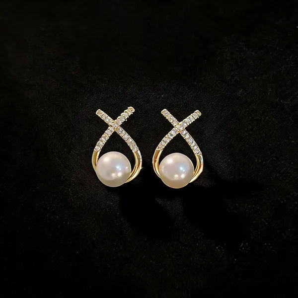 Gold_Stainless_Steel_Pearl_Crystal_Cross_Stud_Earrings_For_Women