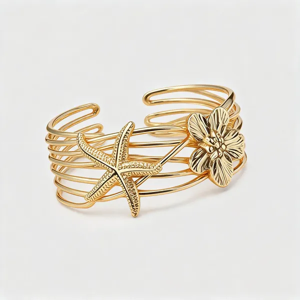 Gold_Tone_Starfish_Floral_Multi_Layer_Cuff_Bracelet_For_Women
