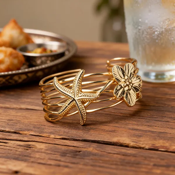 Gold_Tone_Starfish_Floral_Multi_Layer_Cuff_Bracelet_For_Women