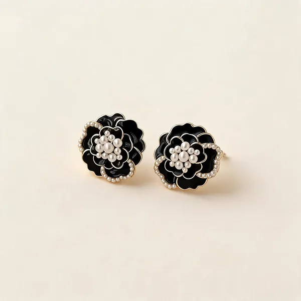 Black_Enamel_Floral_Pearl_Accent_Stud_Earrings_For_Women