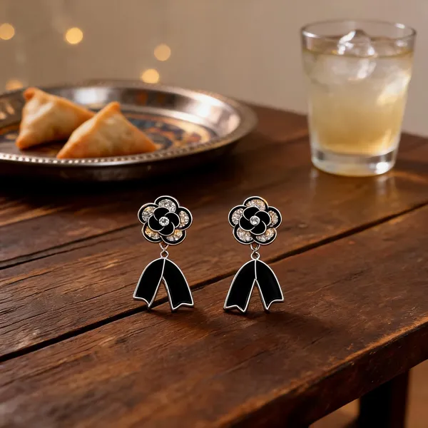 Black_Enamel_Flower_Crystal_Bow_Drop_Earrings_For_Women