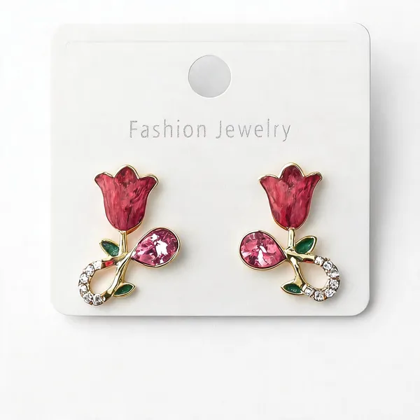 Pink_Enamel_Tulip_Crystal_Stud_Earrings_For_Women