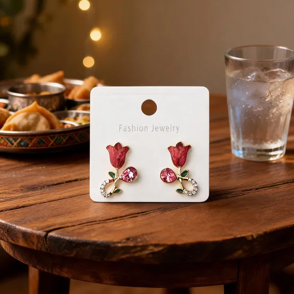 Pink_Enamel_Tulip_Crystal_Stud_Earrings_For_Women