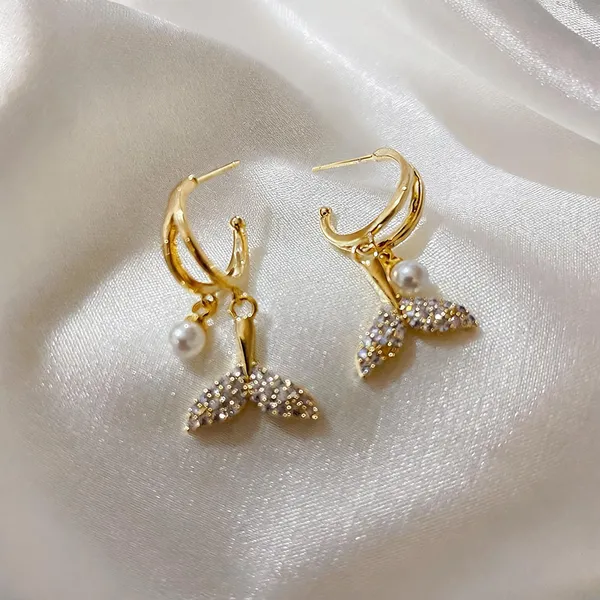 Gold_Plated_Pearl_Crystal_Mermaid_Tail_Drop_Hoop_Earrings_For_Women