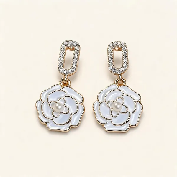 White_Enamel_Floral_Crystal_Stud_Drop_Earrings_For_Women