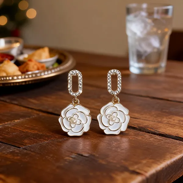 White_Enamel_Floral_Crystal_Stud_Drop_Earrings_For_Women