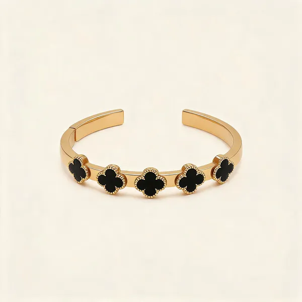 Gold_Stainless_Steel_Black_Clover_Motif_Bangle_Bracelet_For_Women