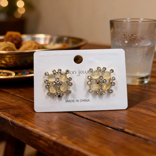 Cream_Stainless_Steel_Floral_Cluster_Crystal_Stud_Earrings_For_Women