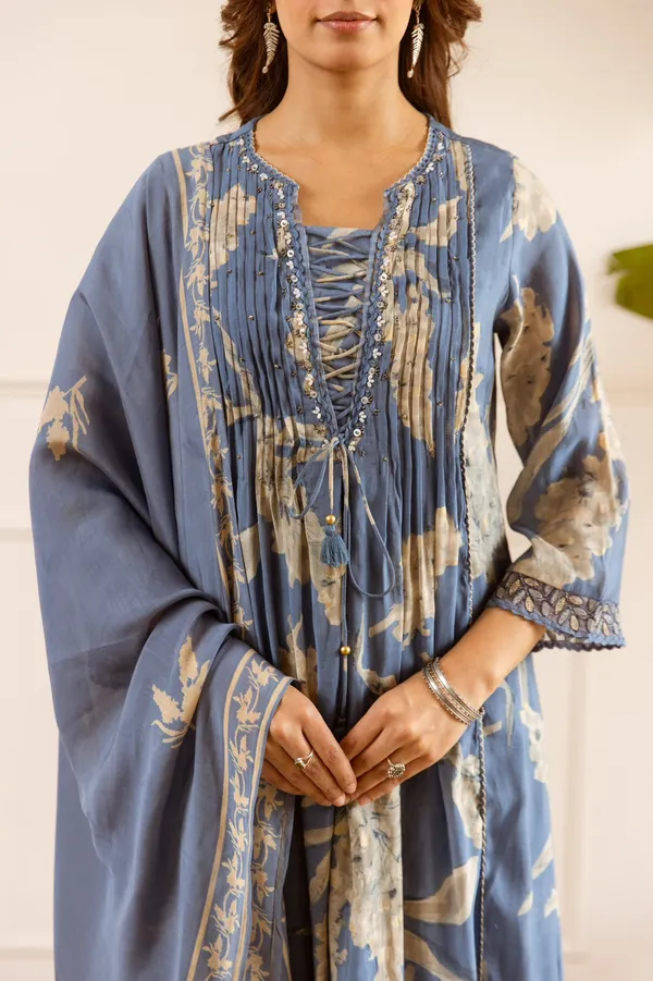 Blue_Mul-Chanderi_Floral_Printed_Kurta_Set_For_Women