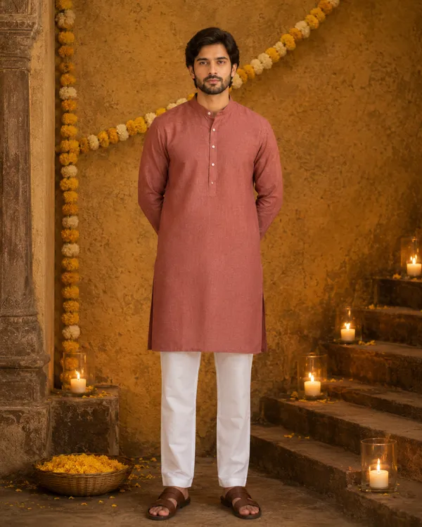 100%_Linen_Rust_Pink_Straight_Kurta_for_Men