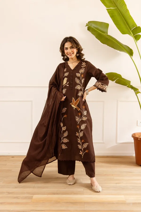 Brown_Cotton_Flex_Embroidered_Leaf_Pattern_Kurta_Set_For_Women