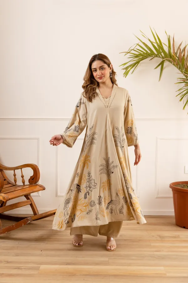 Beige_German_Rayon_Printed_Kurta_Set_For_Women