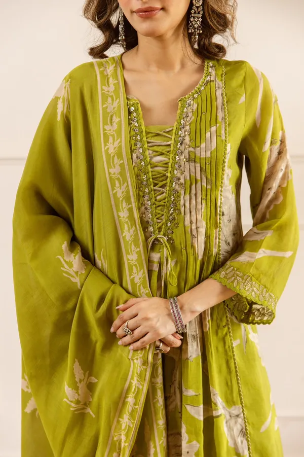 Green_Mul-Chanderi_Floral_Print_Kurta_Set_For_Women
