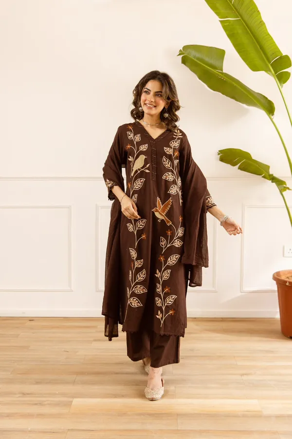 Brown_Cotton_Flex_Embroidered_Leaf_Pattern_Kurta_Set_For_Women