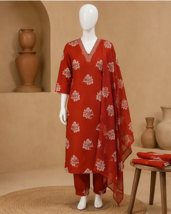 Rust_cotton_Printed_Kurta_Set_With_Dupatta_For_Women