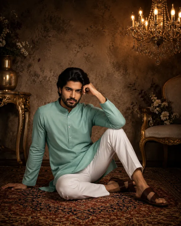 100%_Linen_Mint_Green_Straight_Kurta_With_White_Pajama_for_Men