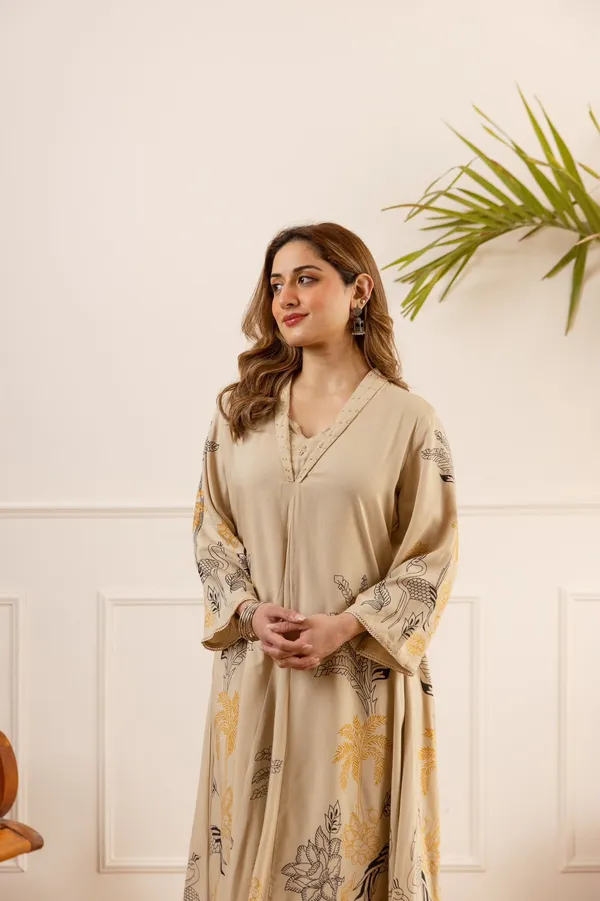 Beige_German_Rayon_Printed_Kurta_Set_For_Women