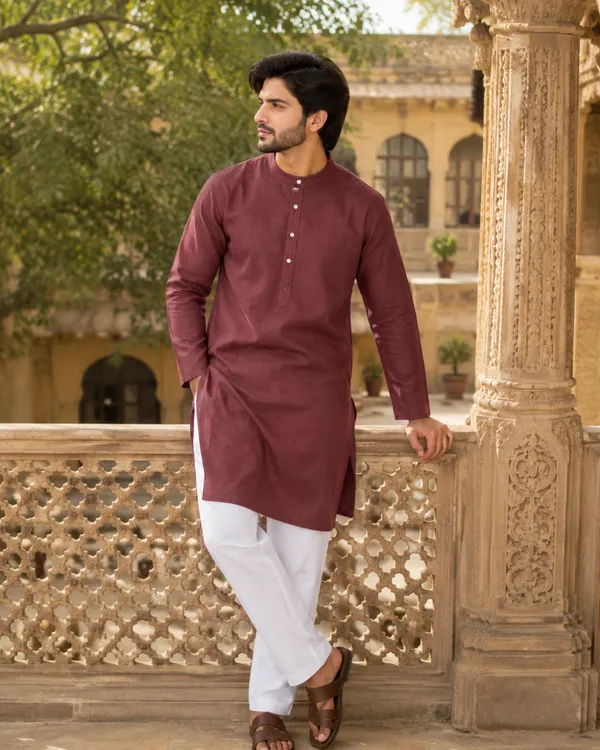 100%_Linen_Maroon_Straight_Fit_Kurta_Set_for_Men