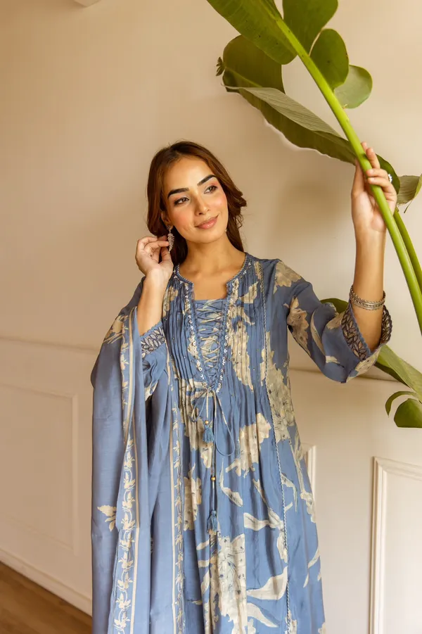 Blue_Mul-Chanderi_Floral_Printed_Kurta_Set_For_Women