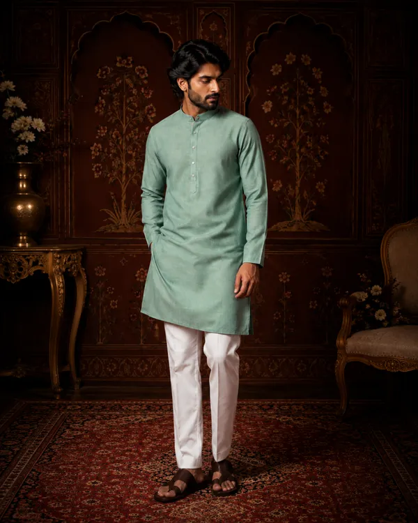 100%_Linen_Mint_Green_Straight_Kurta_With_White_Pajama_for_Men