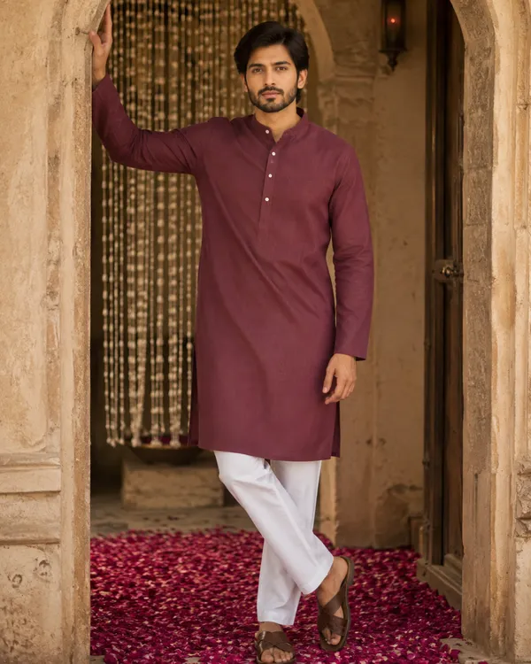 100%_Linen_Maroon_Straight_Fit_Kurta_Set_for_Men