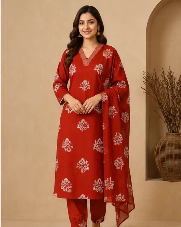 Rust_cotton_Printed_Kurta_Set_With_Dupatta_For_Women